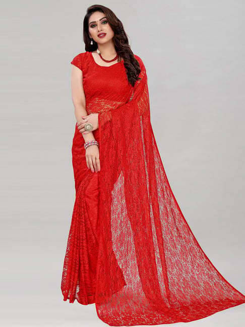     			VRAGI Net Self Design Regular Saree With Unstitched Blouse Piece ( Red )