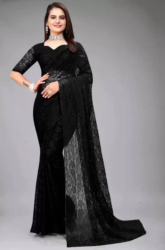     			VRAGI Net Self Design Regular Saree With Unstitched Blouse Piece ( Black )