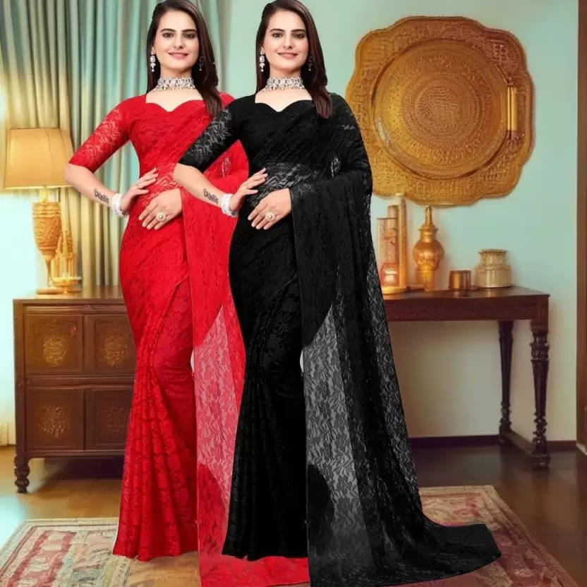 VRAGI Net Self Design Regular Saree With Unstitched Blouse Piece ( Multicolor ) VRAGI Net Self Design Regular Saree With Unstitched Blouse Piece ( Multicolor )