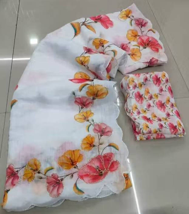     			VRAGI Polyester Printed Regular Saree With Unstitched Blouse Piece ( White )