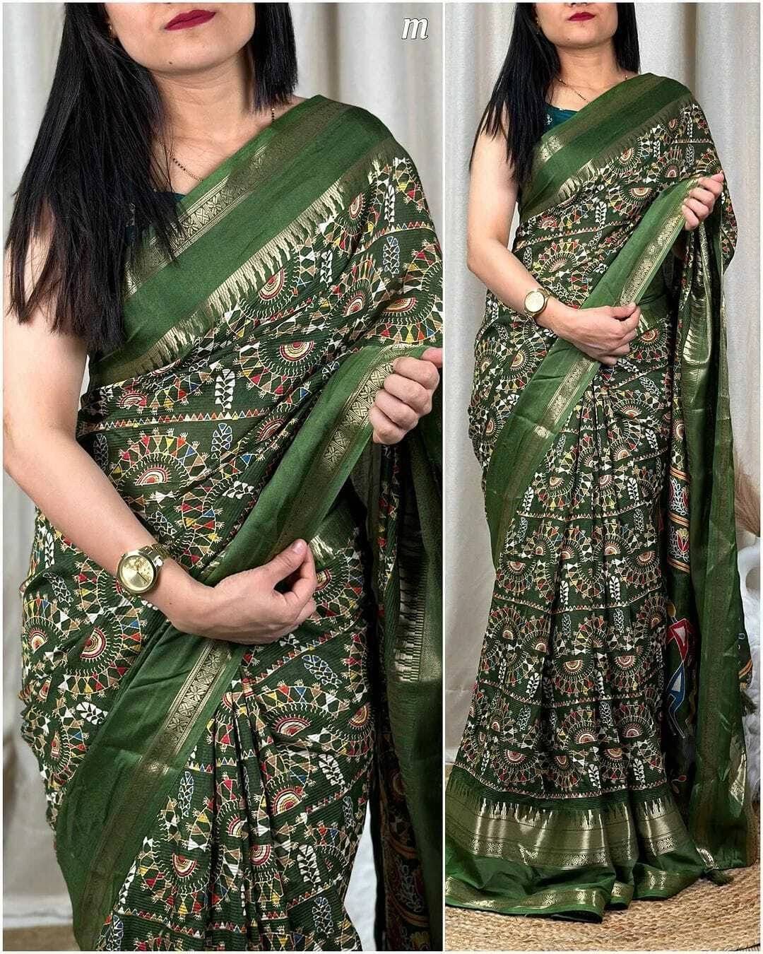     			VRAGI Polyester Printed Regular Saree With Unstitched Blouse Piece ( Green )