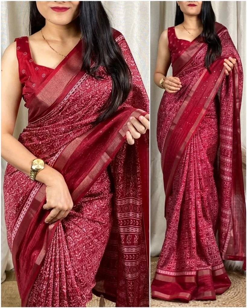 VRAGI Silk Blend Printed Regular Saree With Unstitched Blouse Piece ( Maroon ) VRAGI Silk Blend Printed Regular Saree With Unstitched Blouse Piece ( Maroon )