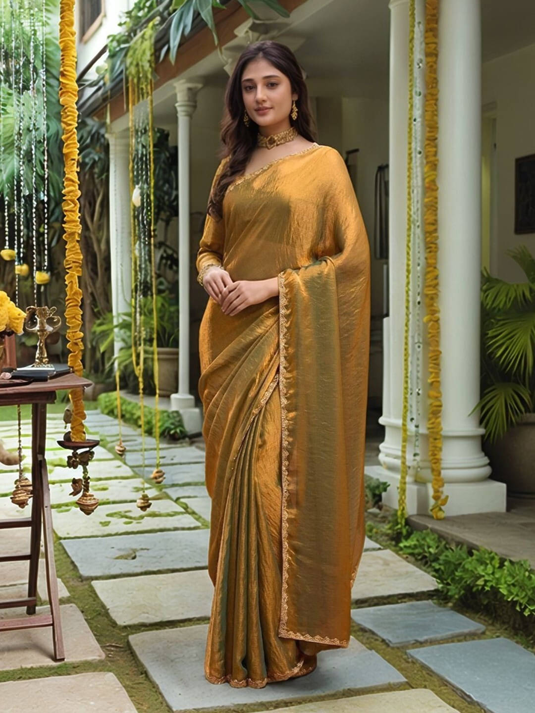 VRAGI Silk Blend Solid Regular Saree With Unstitched Blouse Piece ( Gold ) VRAGI Silk Blend Solid Regular Saree With Unstitched Blouse Piece ( Gold )