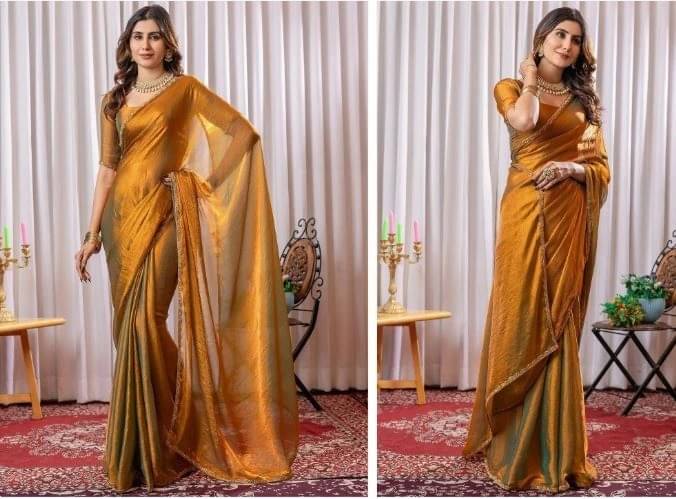 VRAGI Silk Embellished Regular Saree With Unstitched Blouse Piece ( Gold ) VRAGI Silk Embellished Regular Saree With Unstitched Blouse Piece ( Gold )