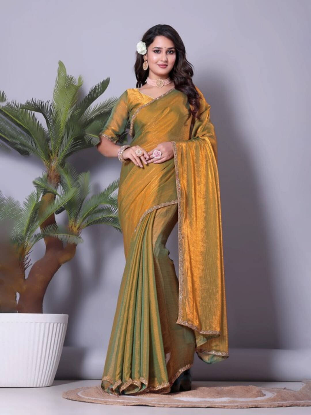     			VRAGI Tissue Embellished Regular Saree With Unstitched Blouse Piece ( Gold )