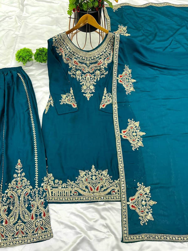 VYOM EMPORIO Women Silk Embroidered Straight Kurti With Sharara And Gharara ( Teal ) VYOM EMPORIO Women Silk Embroidered Straight Kurti With Sharara And Gharara ( Teal )