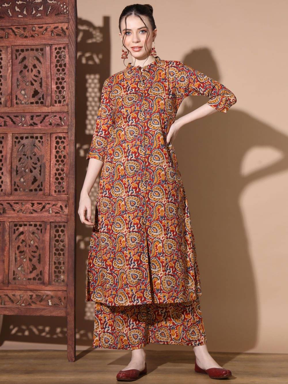     			Vbuyz Women Cotton Printed A-line Kurti With Palazzo ( Red )