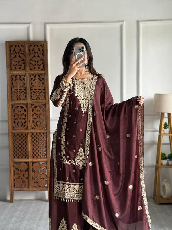     			YASHASVI ENTERPRISE Women Silk Embroidered Straight Kurti With Sharara And Gharara ( Brown )