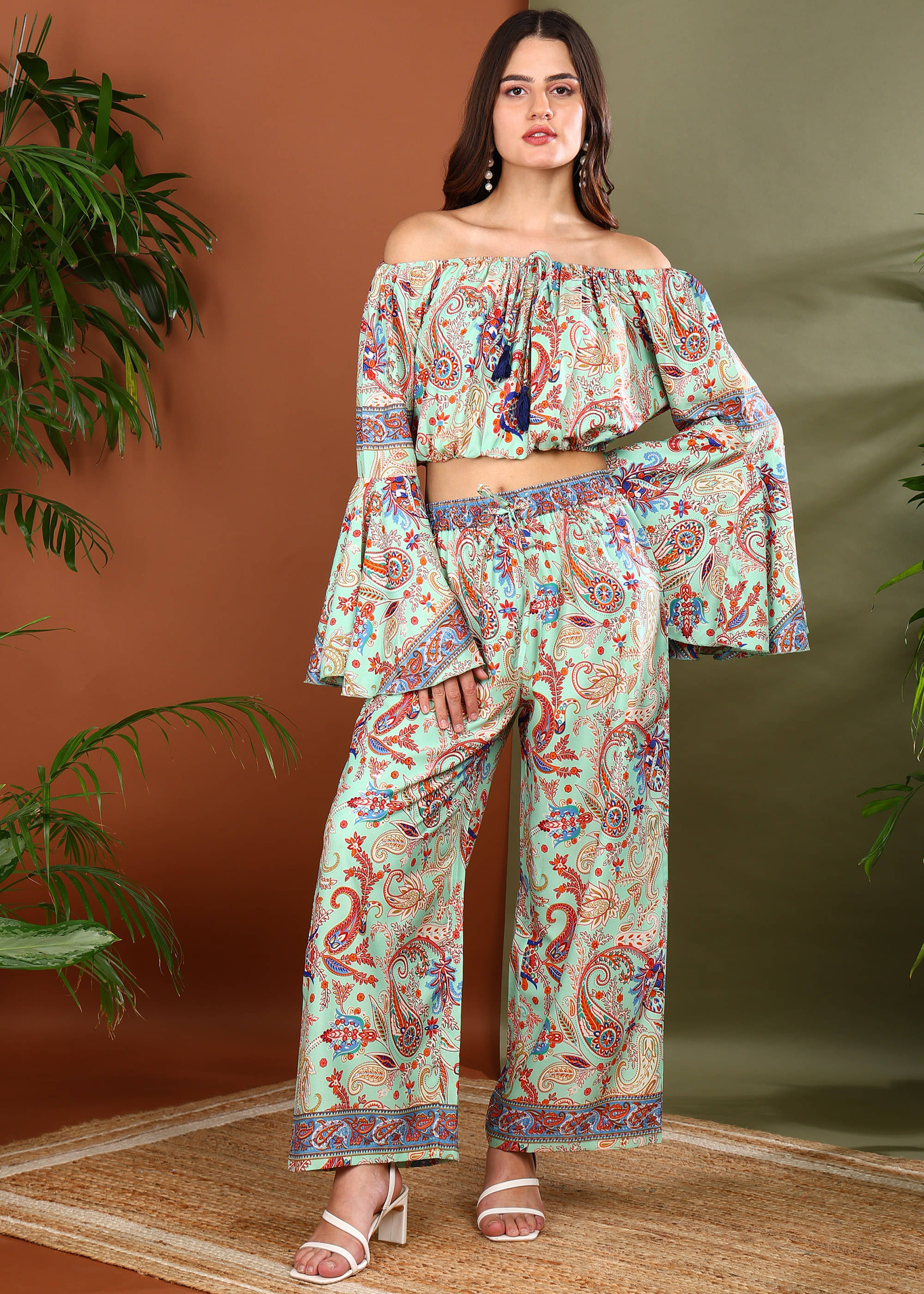     			Yash Gallery Women Printed Top With Palazzos Co-Ord Set ( Mint Green )
