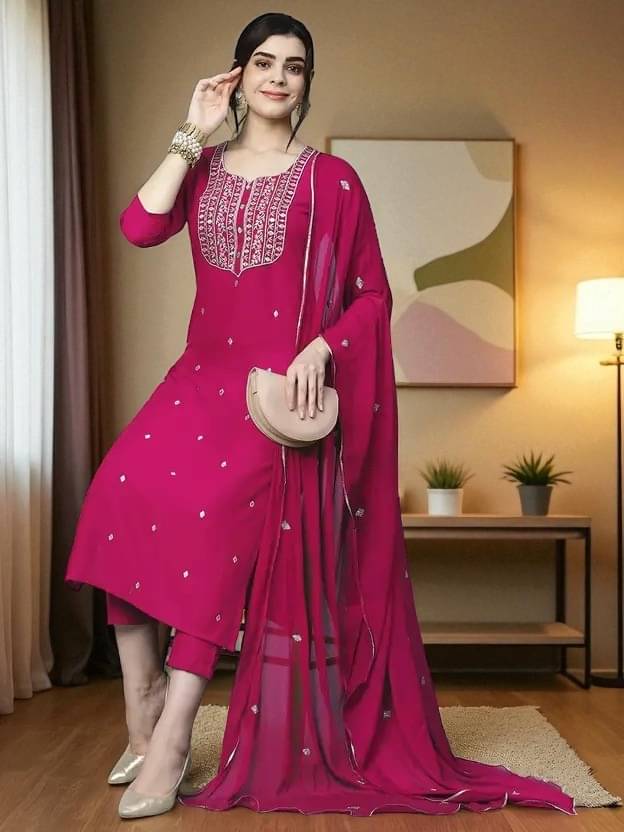     			Zorista Women Rayon Embroidered A-line Kurti With Pants ( Pink )