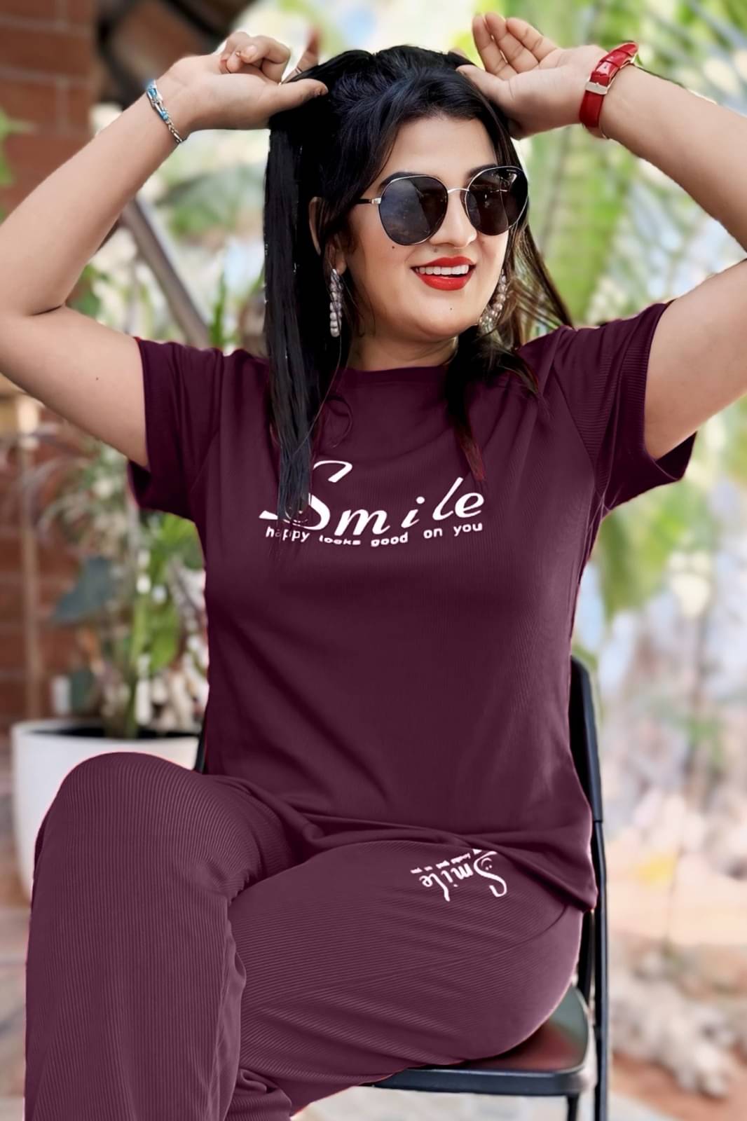     			s veera Lycra Solid Women T-shirt with Pyjama ( Wine )