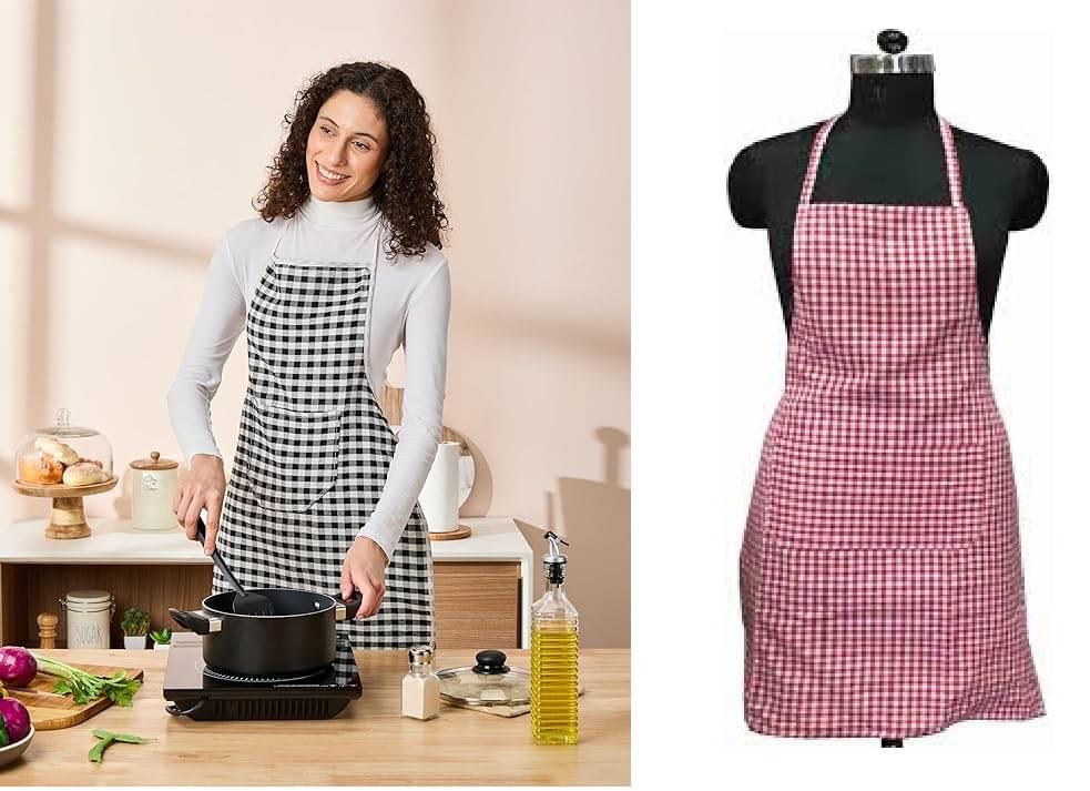     			trendy Rabbit Cotton Checks Kitchen Apron with 1 Center Pocket ( Pack of 2 )