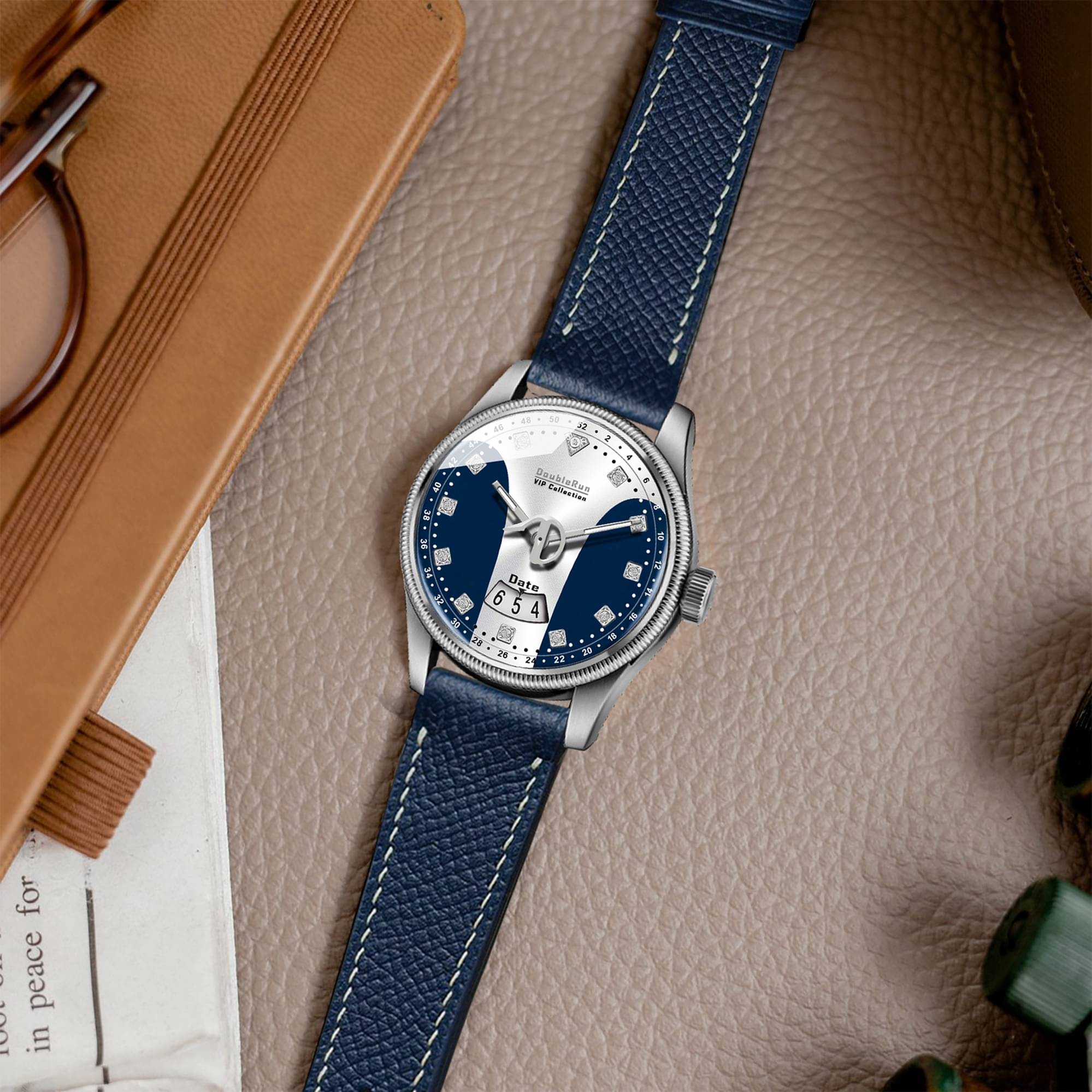     			DoubleRun Navy Blue Leather Analog Men's Watch