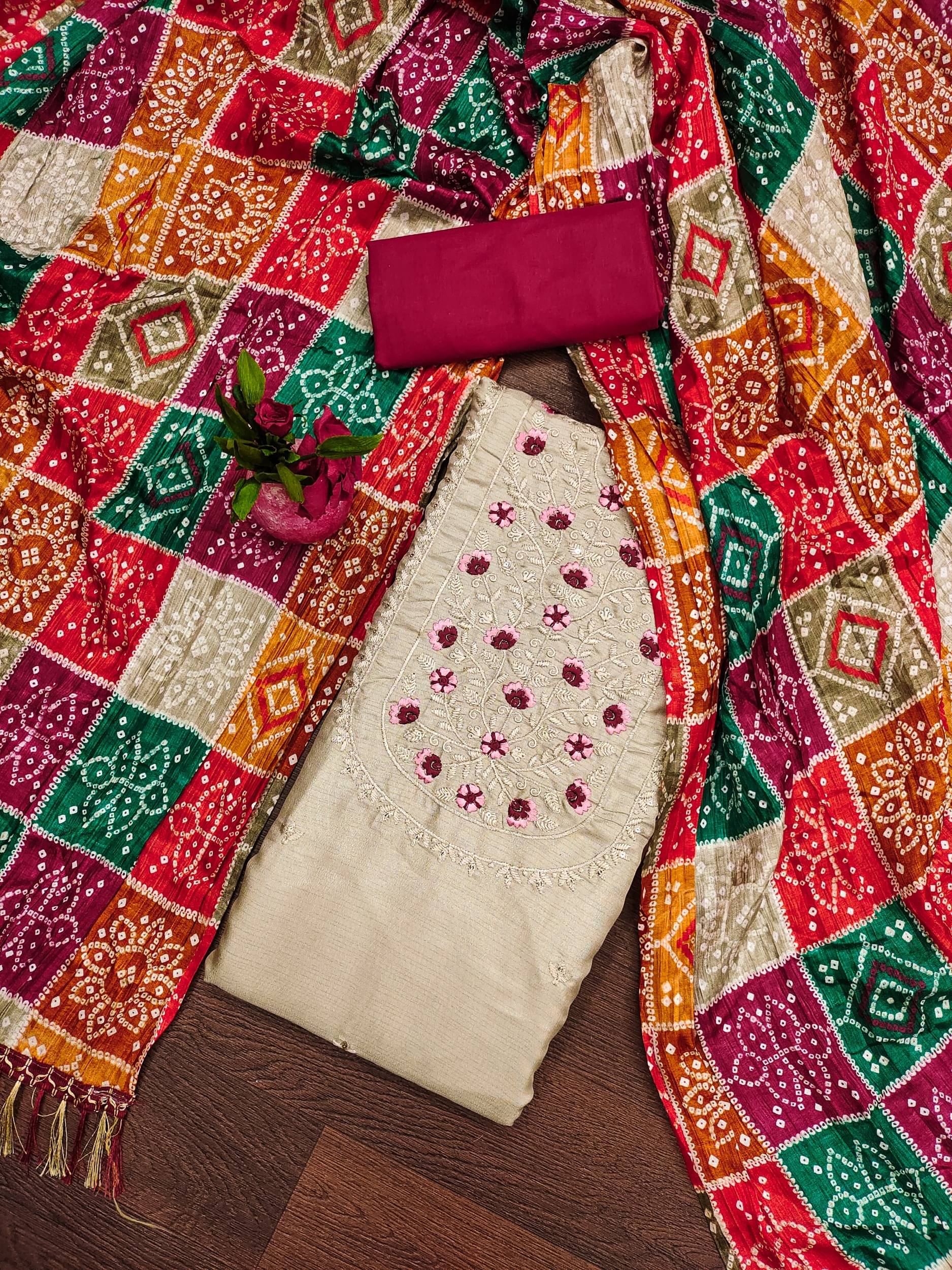    			Shree Mahantam Women Chanderi Unstitched Dress Material ( Cream )