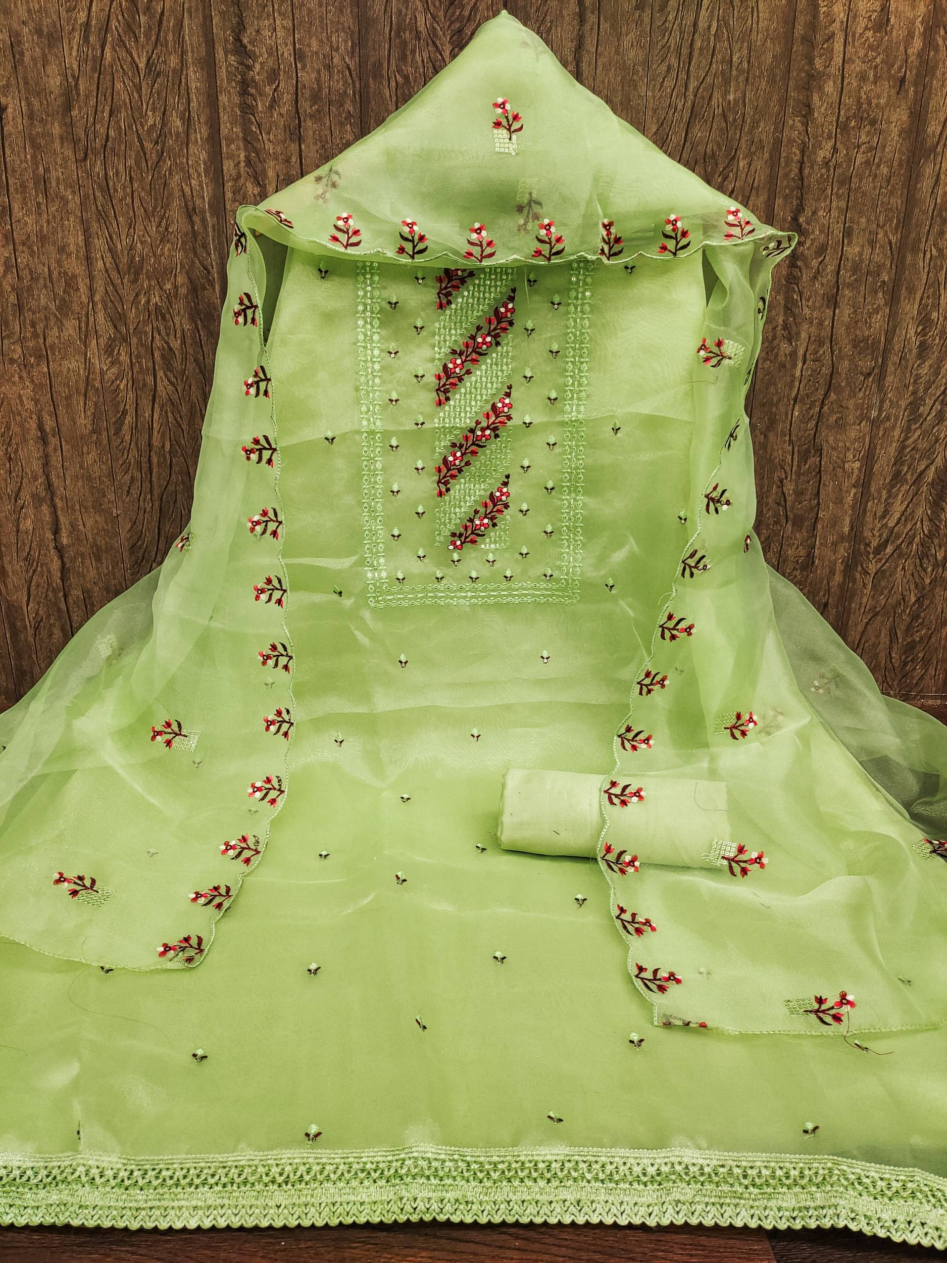 Shree Mahantam Women Organza Unstitched Dress Material ( Green )     			Shree Mahantam Women Organza Unstitched Dress Material ( Green )