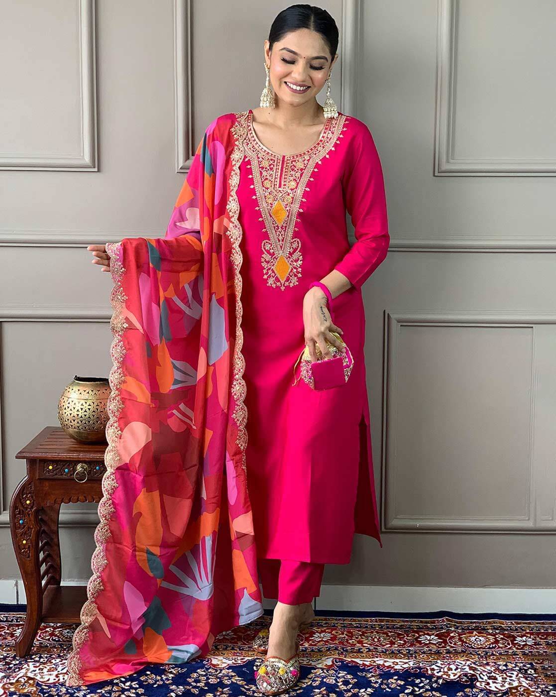 Trijal Fab Women Cotton Blend Embroidered Straight Kurti With Pants ( Pink ) Trijal Fab Women Cotton Blend Embroidered Straight Kurti With Pants ( Pink )