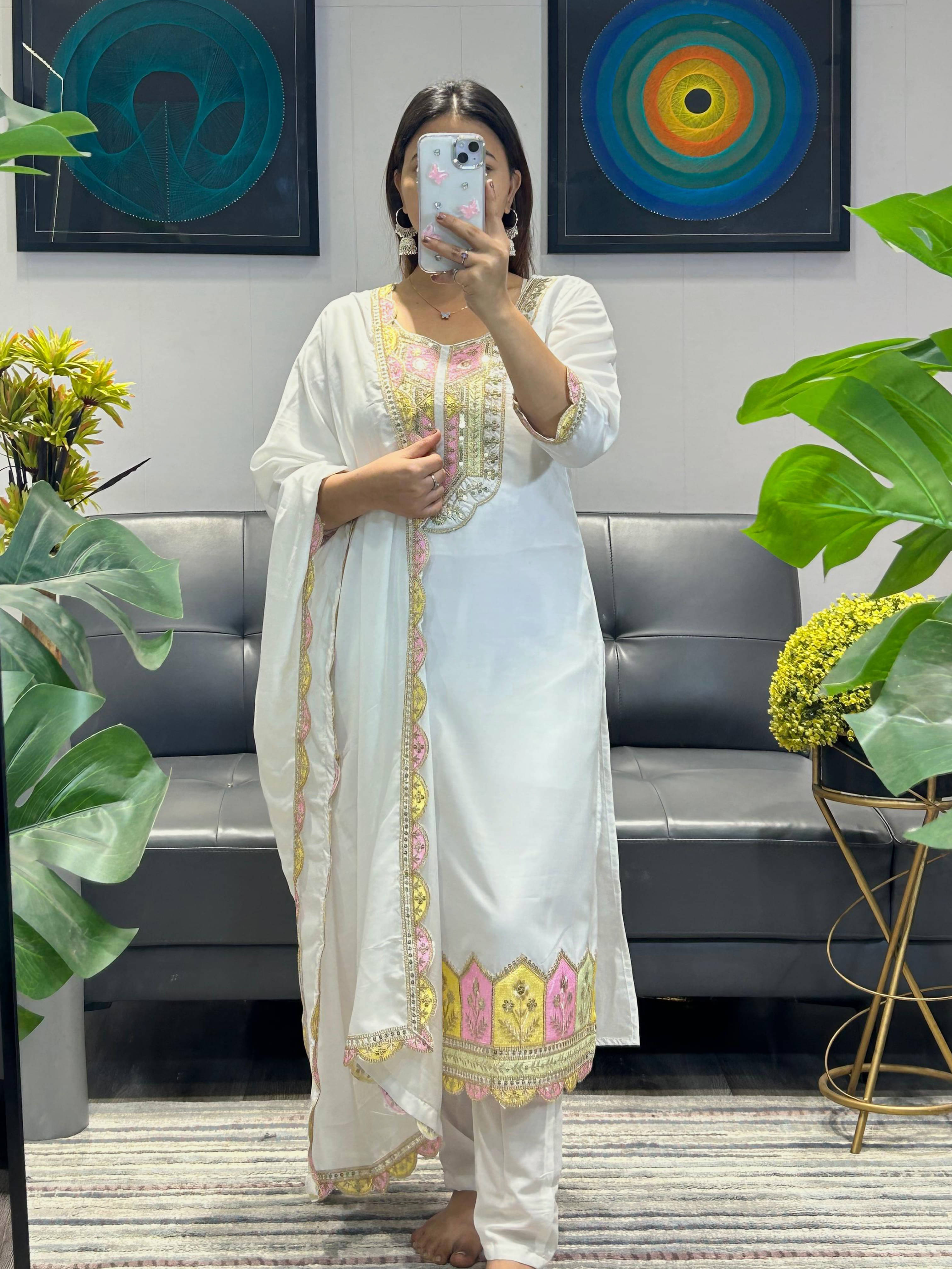 Trijal Fab Women Cotton Blend Embroidered Straight Kurti With Pants ( White ) Trijal Fab Women Cotton Blend Embroidered Straight Kurti With Pants ( White )