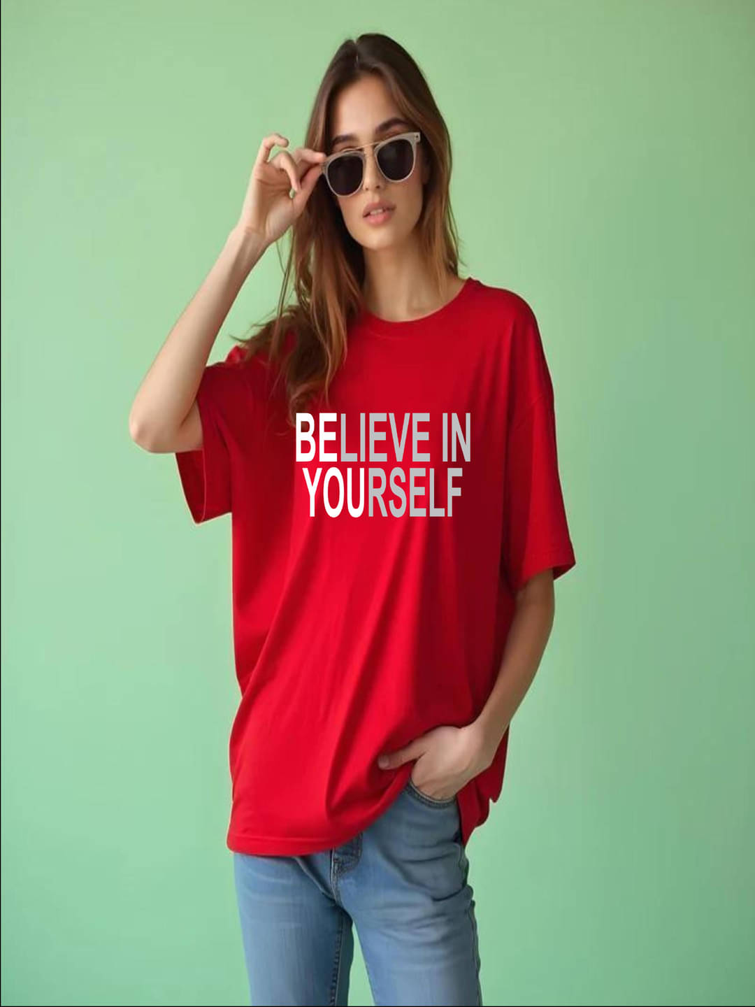     			hesha Women Cotton Printed Oversized Fit Round Neck T-Shirt ( Red )