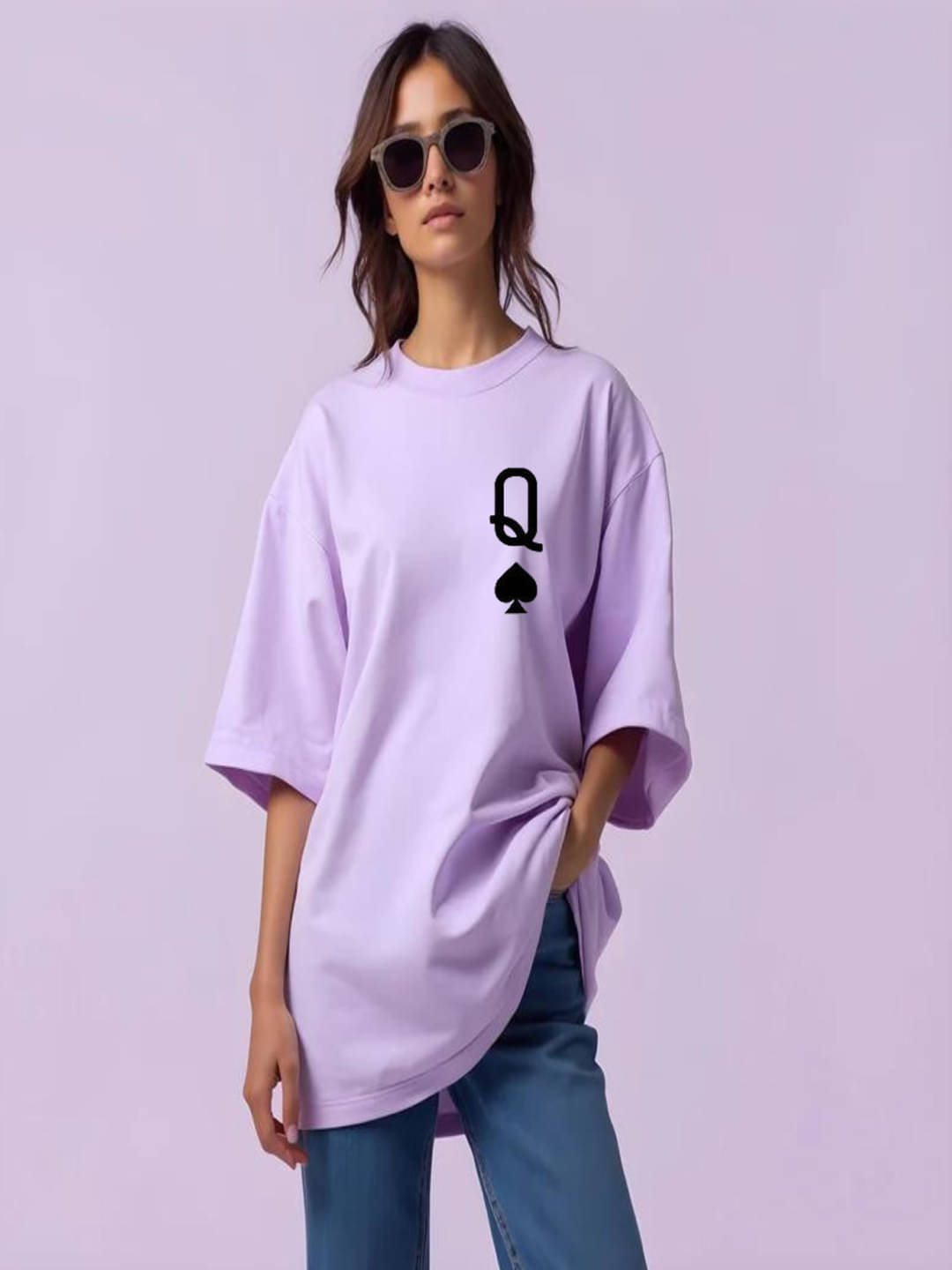 hesha Women Cotton Printed Oversized Fit Round Neck T-Shirt ( Lavender )     			hesha Women Cotton Printed Oversized Fit Round Neck T-Shirt ( Lavender )