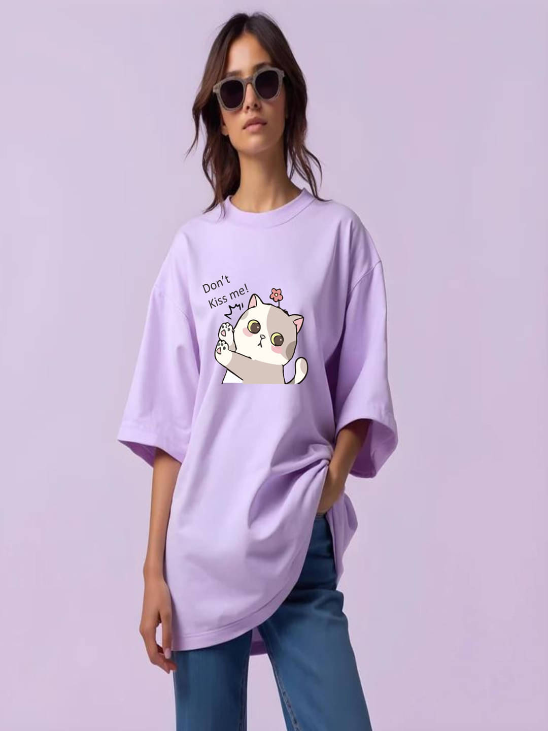 hesha Women Cotton Printed Oversized Fit Round Neck T-Shirt ( Lavender )     			hesha Women Cotton Printed Oversized Fit Round Neck T-Shirt ( Lavender )