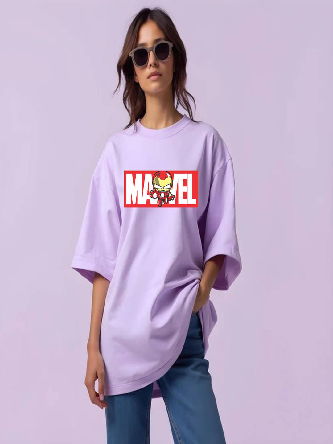 hesha Women Cotton Printed Oversized Fit Round Neck T-Shirt ( Lavender )     			hesha Women Cotton Printed Oversized Fit Round Neck T-Shirt ( Lavender )