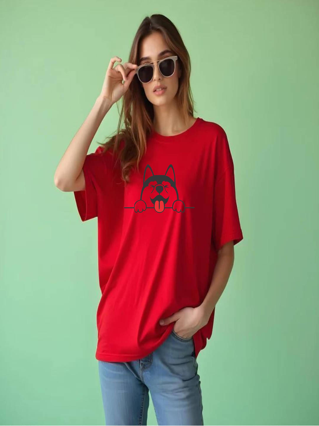 hesha Women Cotton Printed Oversized Fit Round Neck T-Shirt ( Red ) hesha Women Cotton Printed Oversized Fit Round Neck T-Shirt ( Red )