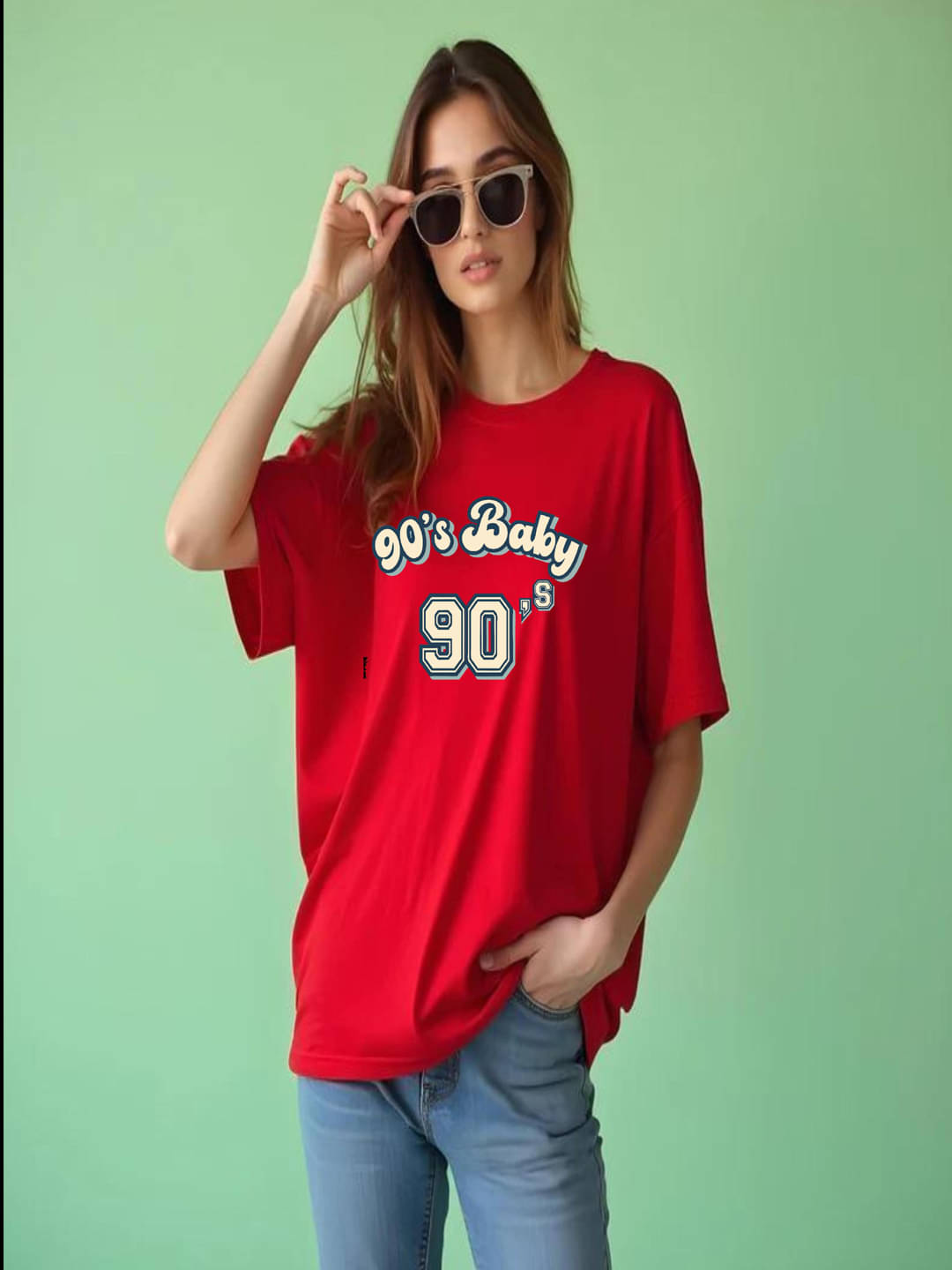    			hesha Women Cotton Printed Oversized Fit Round Neck T-Shirt ( Red )