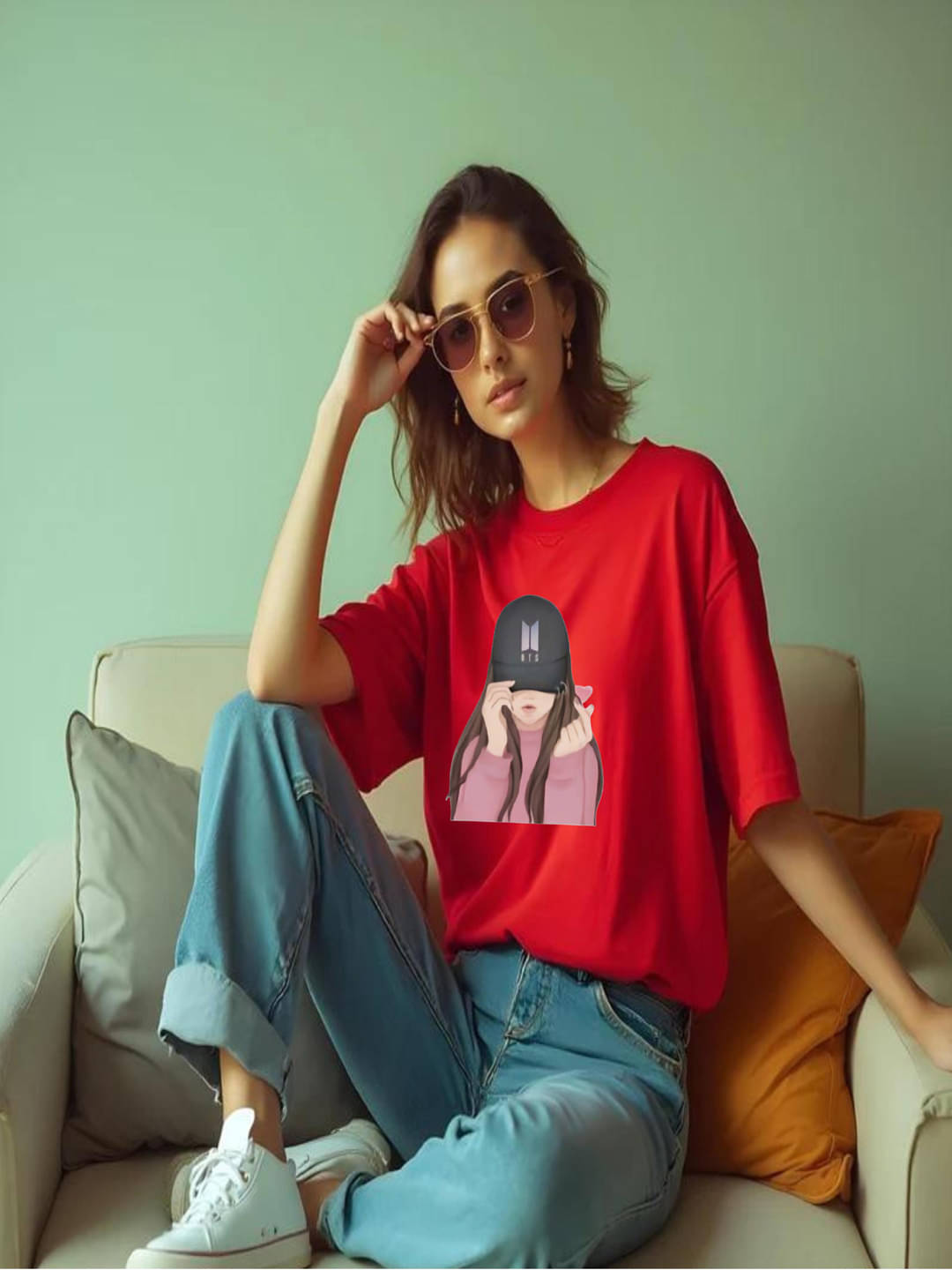     			hesha Women Cotton Printed Oversized Fit Round Neck T-Shirt ( Red )