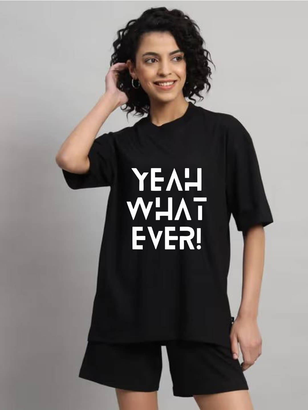    			hesha Women Cotton Printed Oversized Fit Round Neck T-Shirt ( Black )