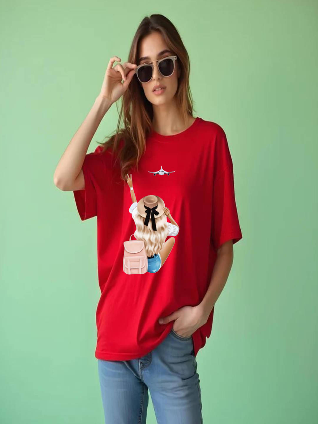     			hesha Women Cotton Printed Oversized Fit Round Neck T-Shirt ( Red )