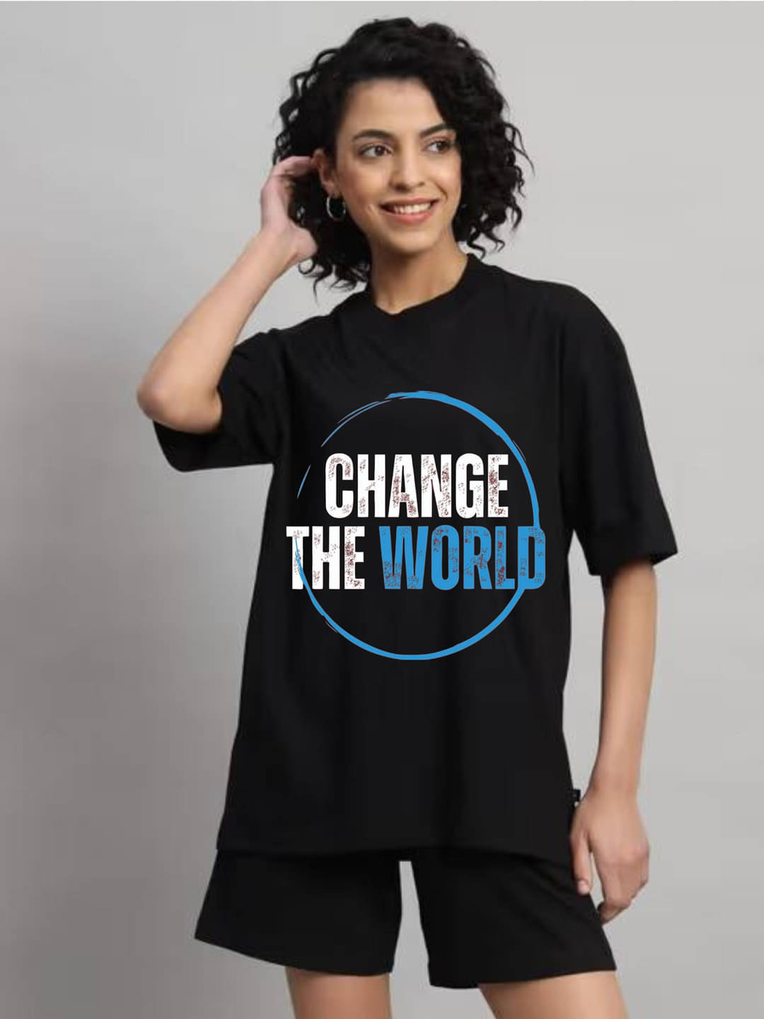     			hesha Women Cotton Printed Oversized Fit Round Neck T-Shirt ( Black )