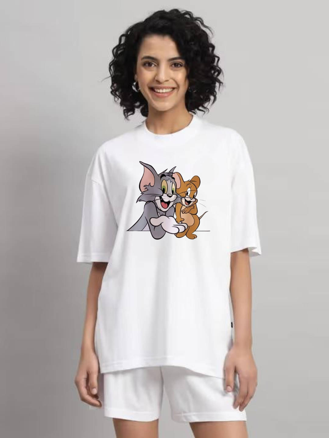     			hesha Women Cotton Printed Oversized Fit Round Neck T-Shirt ( White )