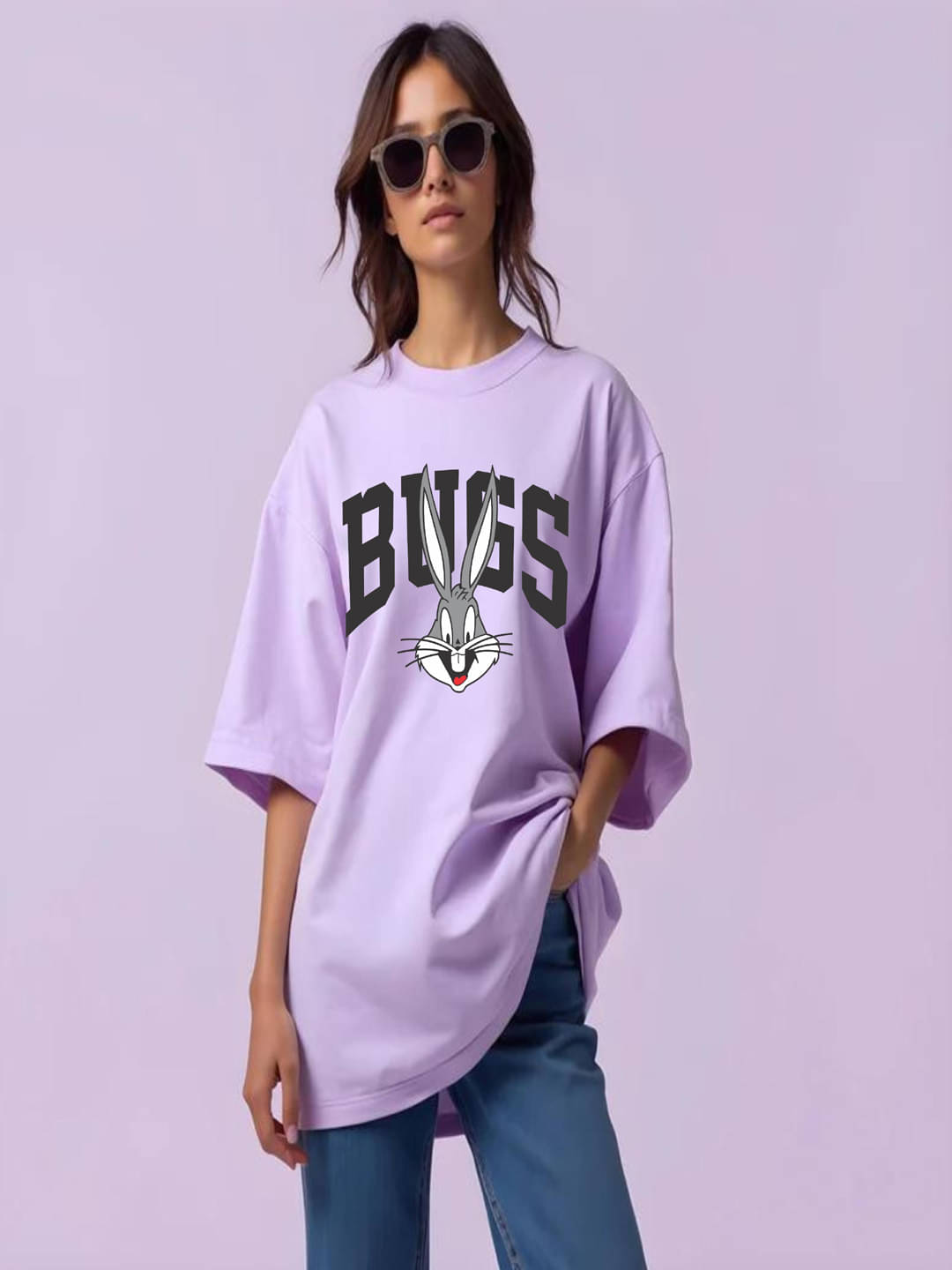 hesha Women Cotton Printed Oversized Fit Round Neck T-Shirt ( Lavender ) hesha Women Cotton Printed Oversized Fit Round Neck T-Shirt ( Lavender )