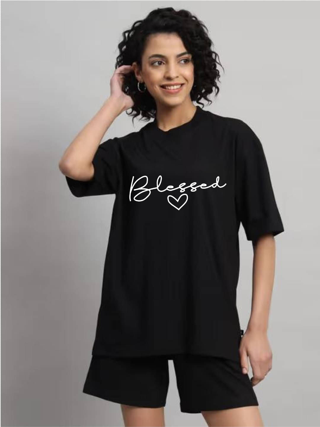     			hesha Women Cotton Printed Oversized Fit Round Neck T-Shirt ( Black )