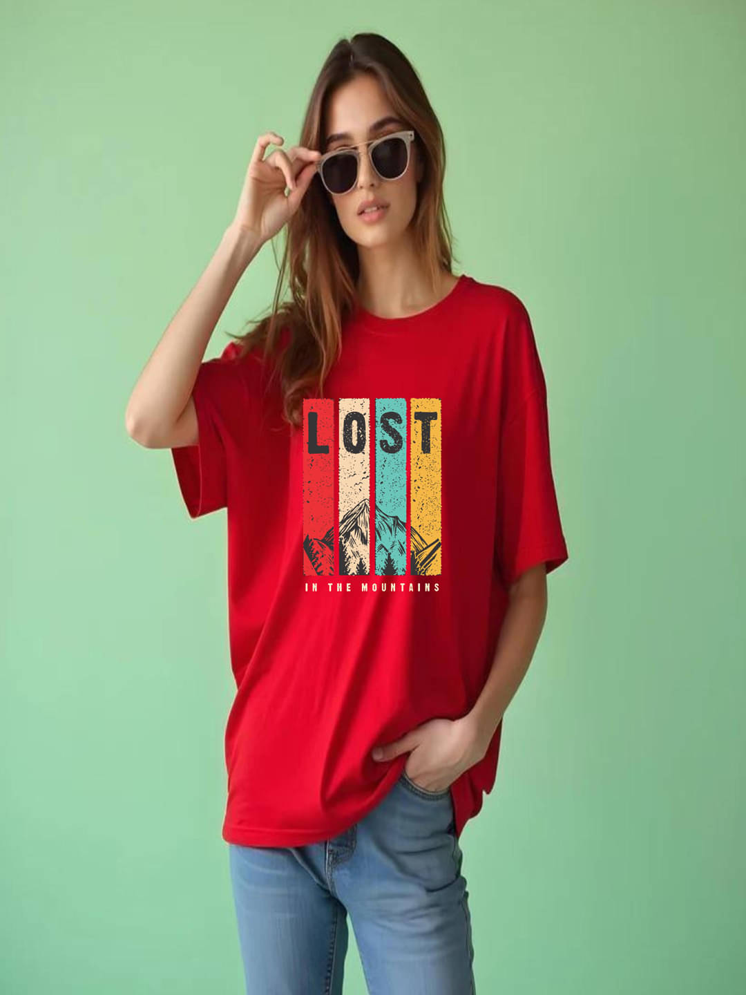 hesha Women Cotton Printed Oversized Fit Round Neck T-Shirt ( Red )     			hesha Women Cotton Printed Oversized Fit Round Neck T-Shirt ( Red )