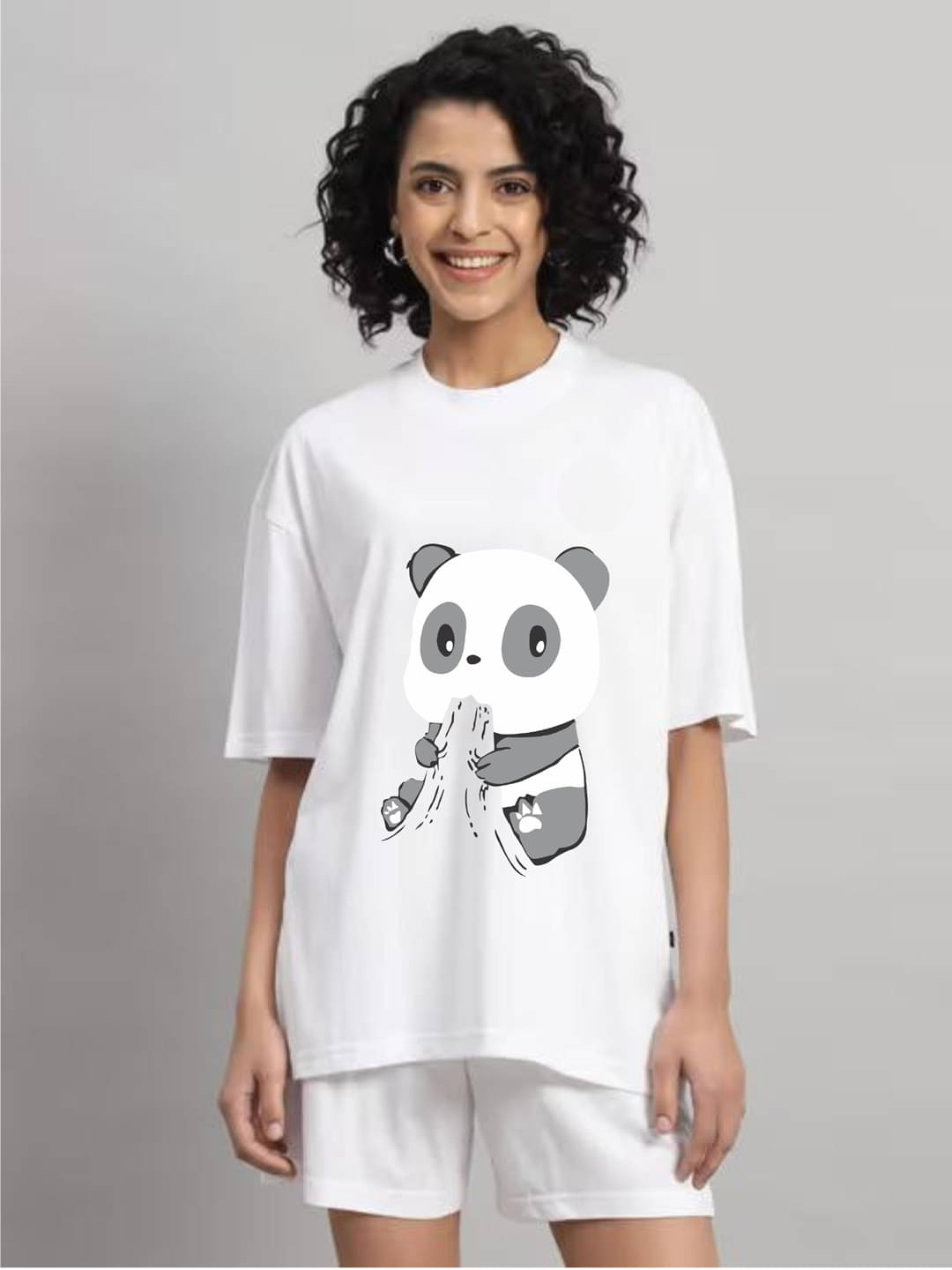     			hesha Women Cotton Printed Oversized Fit Round Neck T-Shirt ( White )