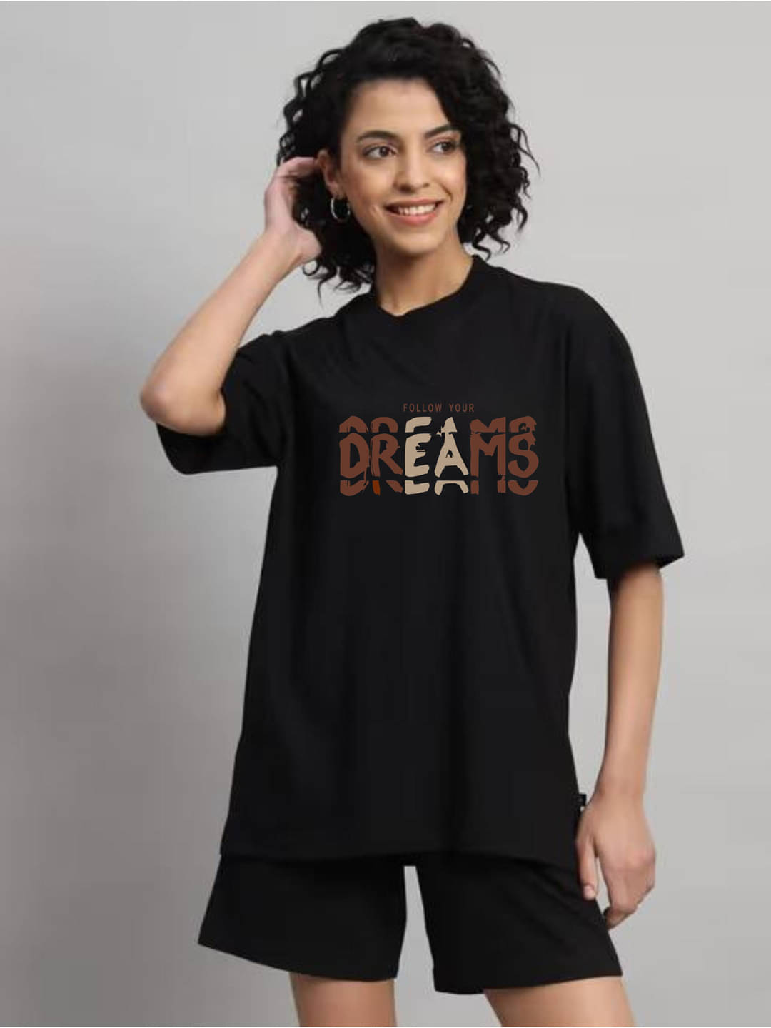     			hesha Women Cotton Printed Oversized Fit Round Neck T-Shirt ( Black )