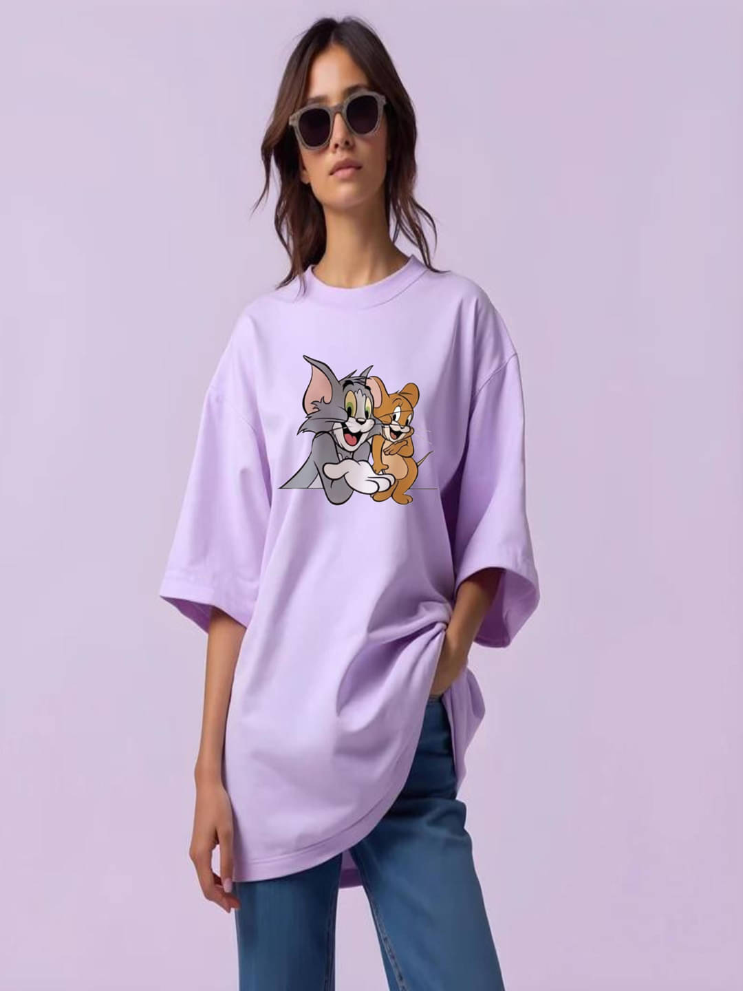     			hesha Women Cotton Printed Oversized Fit Round Neck T-Shirt ( Lavender )