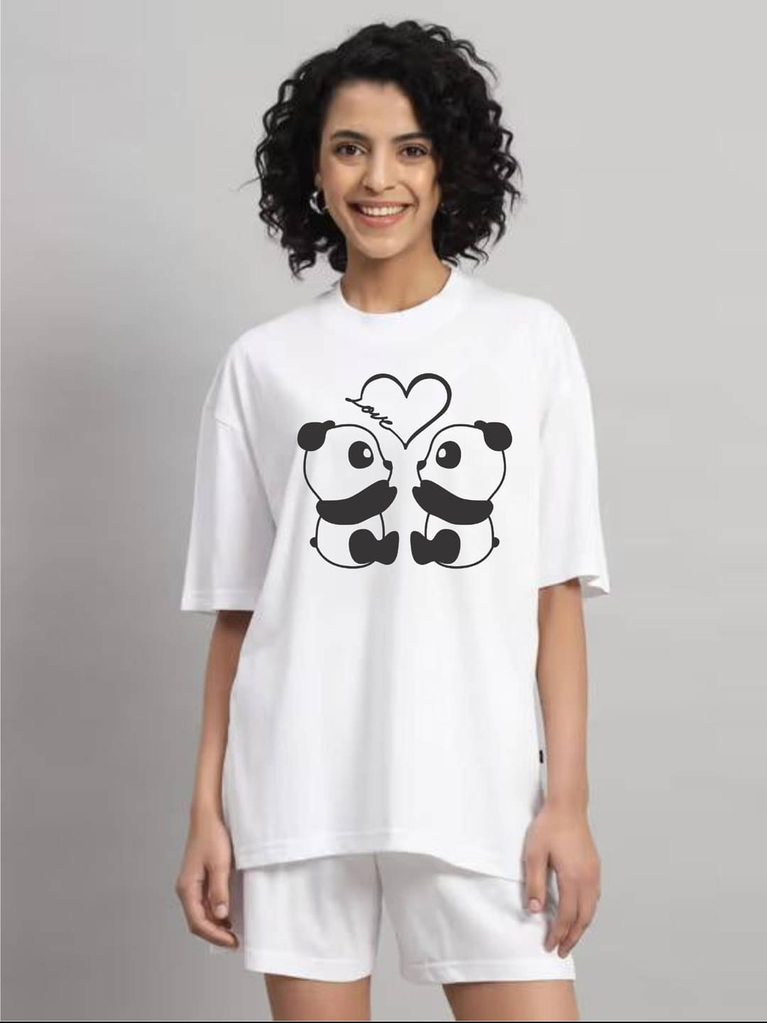     			hesha Women Cotton Printed Oversized Fit Round Neck T-Shirt ( White )