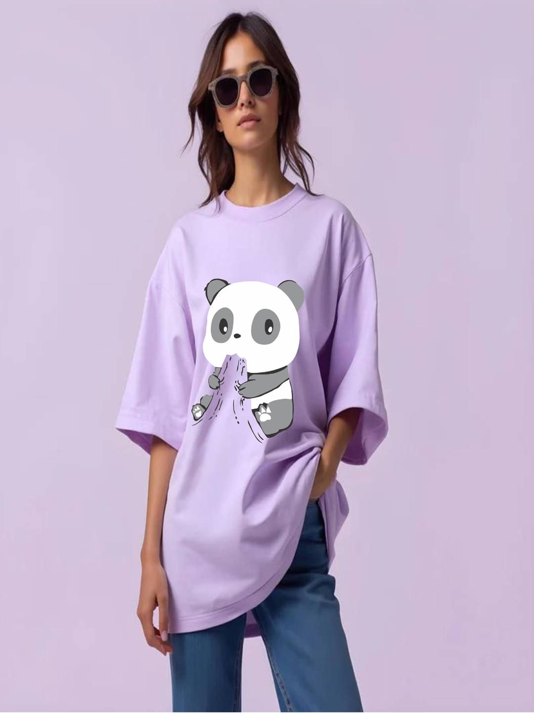 hesha Women Cotton Printed Oversized Fit Round Neck T-Shirt ( Lavender )     			hesha Women Cotton Printed Oversized Fit Round Neck T-Shirt ( Lavender )