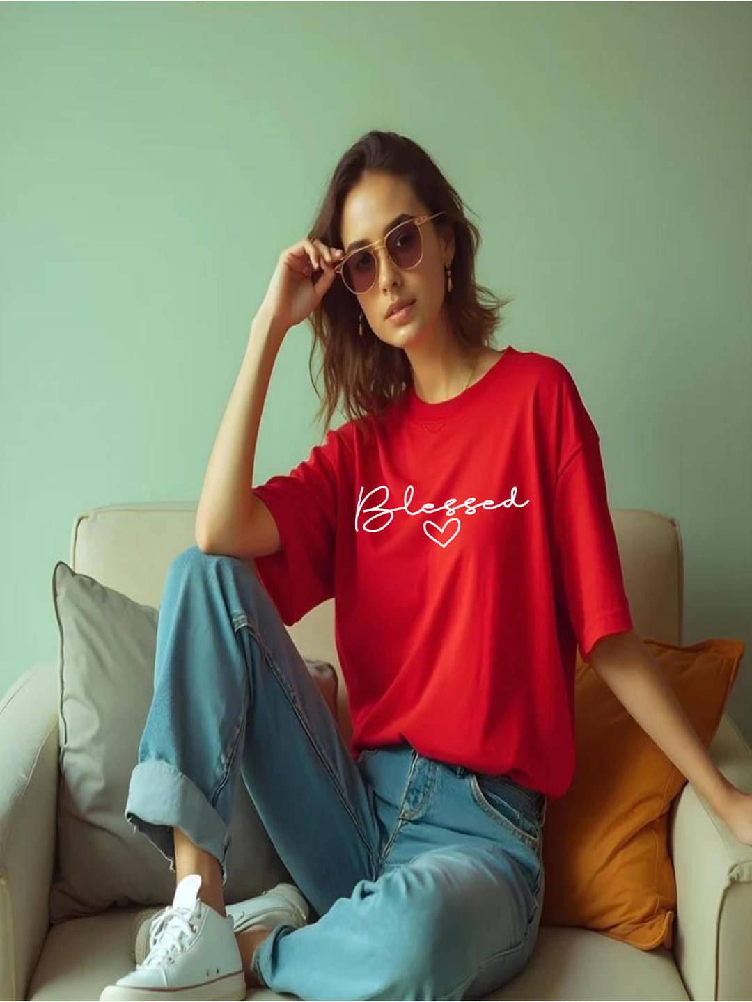     			hesha Women Cotton Printed Oversized Fit Round Neck T-Shirt ( Red )