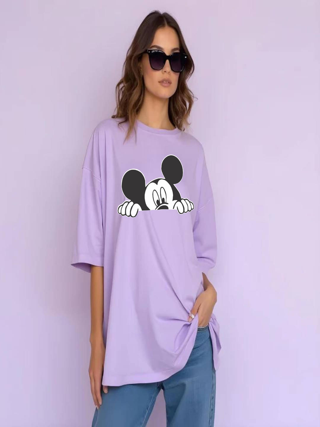 hesha Women Cotton Printed Oversized Fit Round Neck T-Shirt ( Lavender )     			hesha Women Cotton Printed Oversized Fit Round Neck T-Shirt ( Lavender )