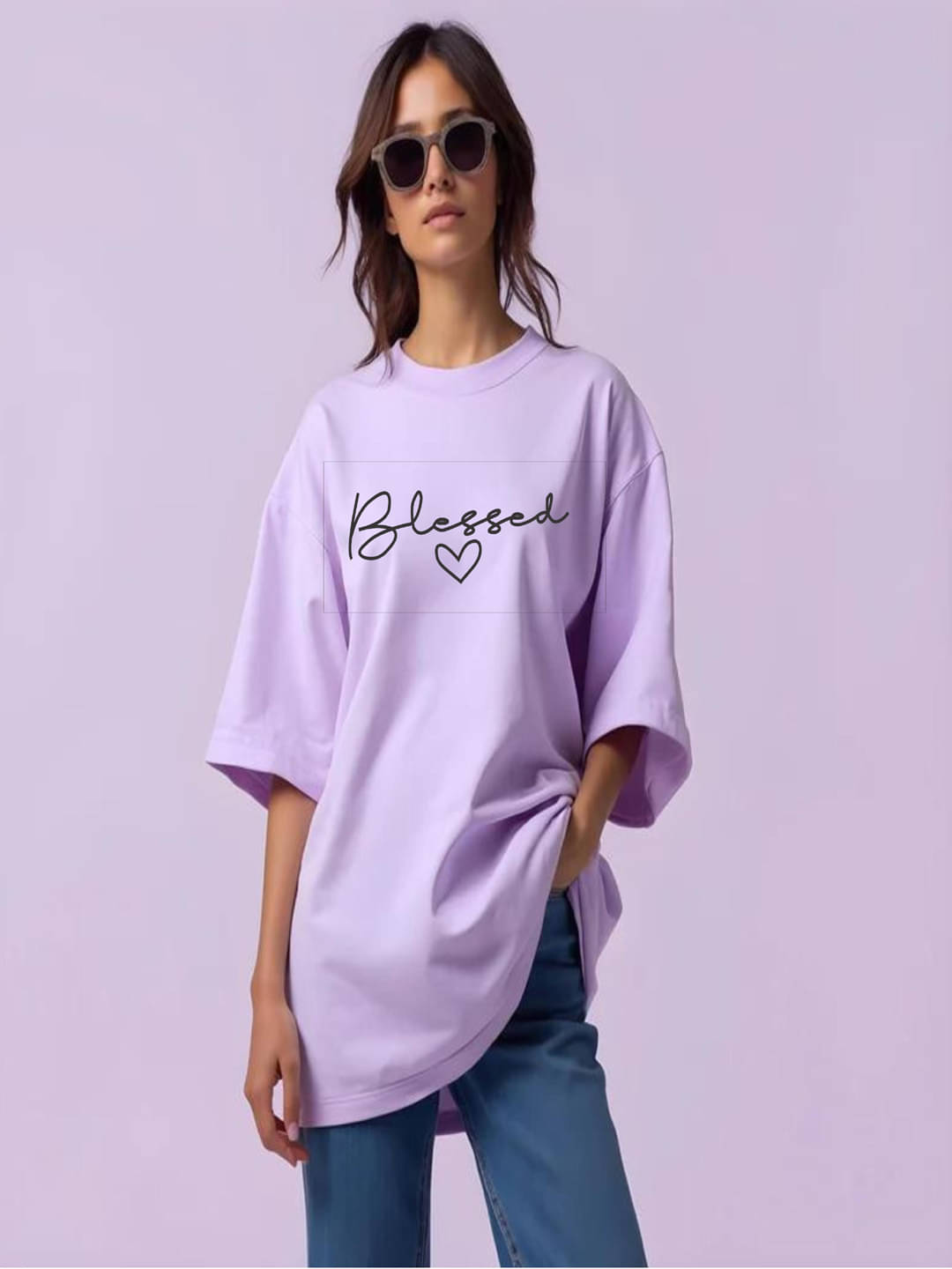 hesha Women Cotton Printed Oversized Fit Round Neck T-Shirt ( Lavender )     			hesha Women Cotton Printed Oversized Fit Round Neck T-Shirt ( Lavender )