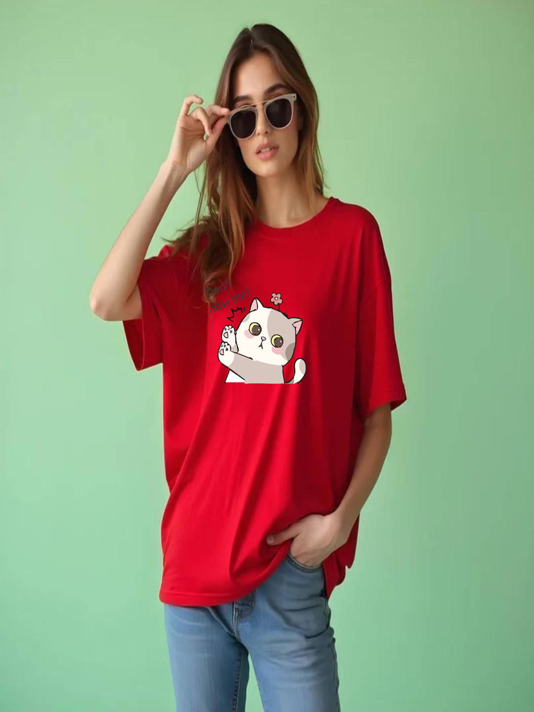     			hesha Women Cotton Printed Oversized Fit Round Neck T-Shirt ( Red )