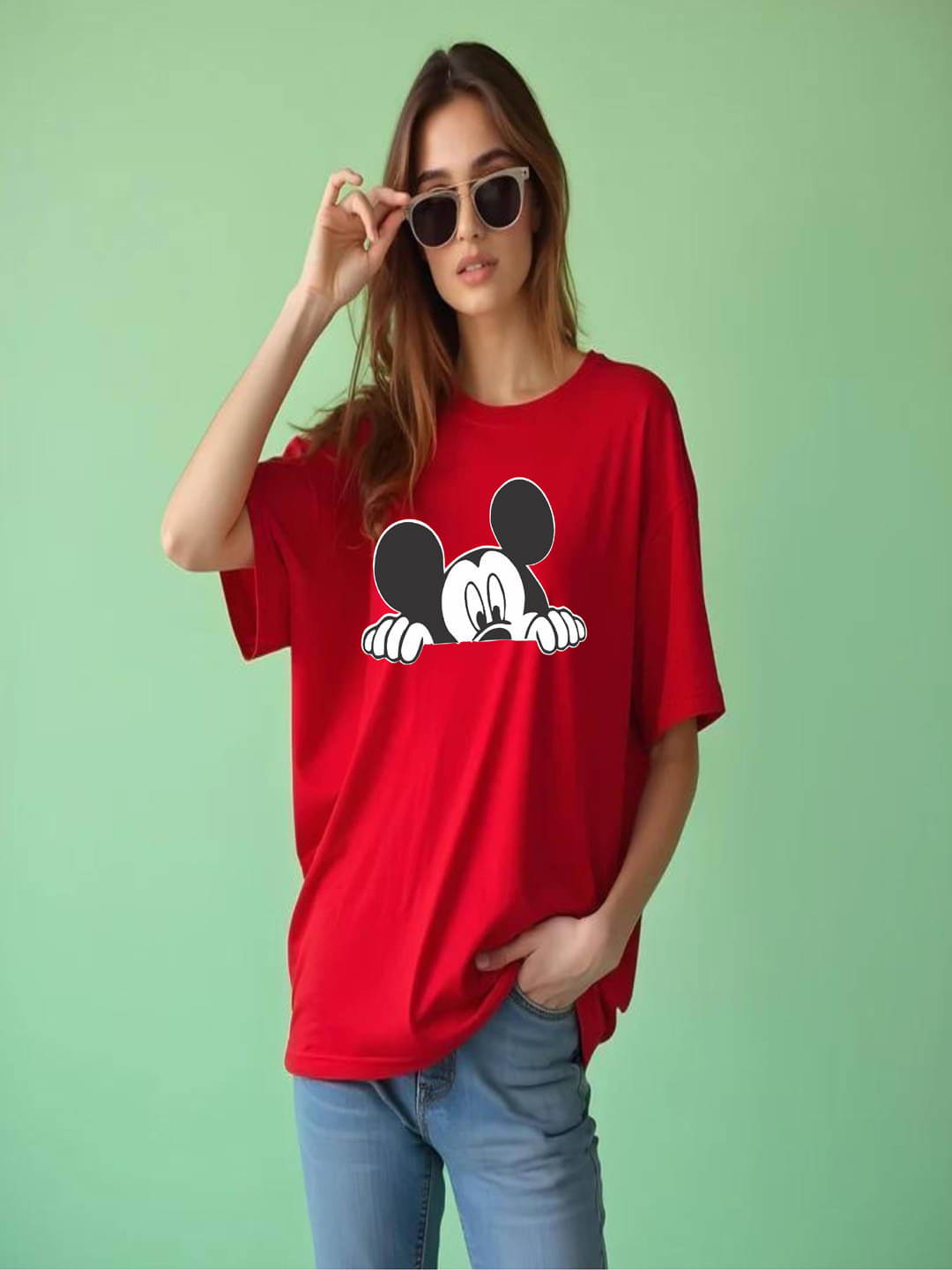 hesha Women Cotton Printed Oversized Fit Round Neck T-Shirt ( Red ) hesha Women Cotton Printed Oversized Fit Round Neck T-Shirt ( Red )