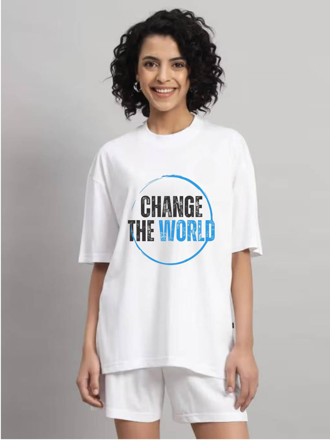     			hesha Women Cotton Printed Oversized Fit Round Neck T-Shirt ( White )