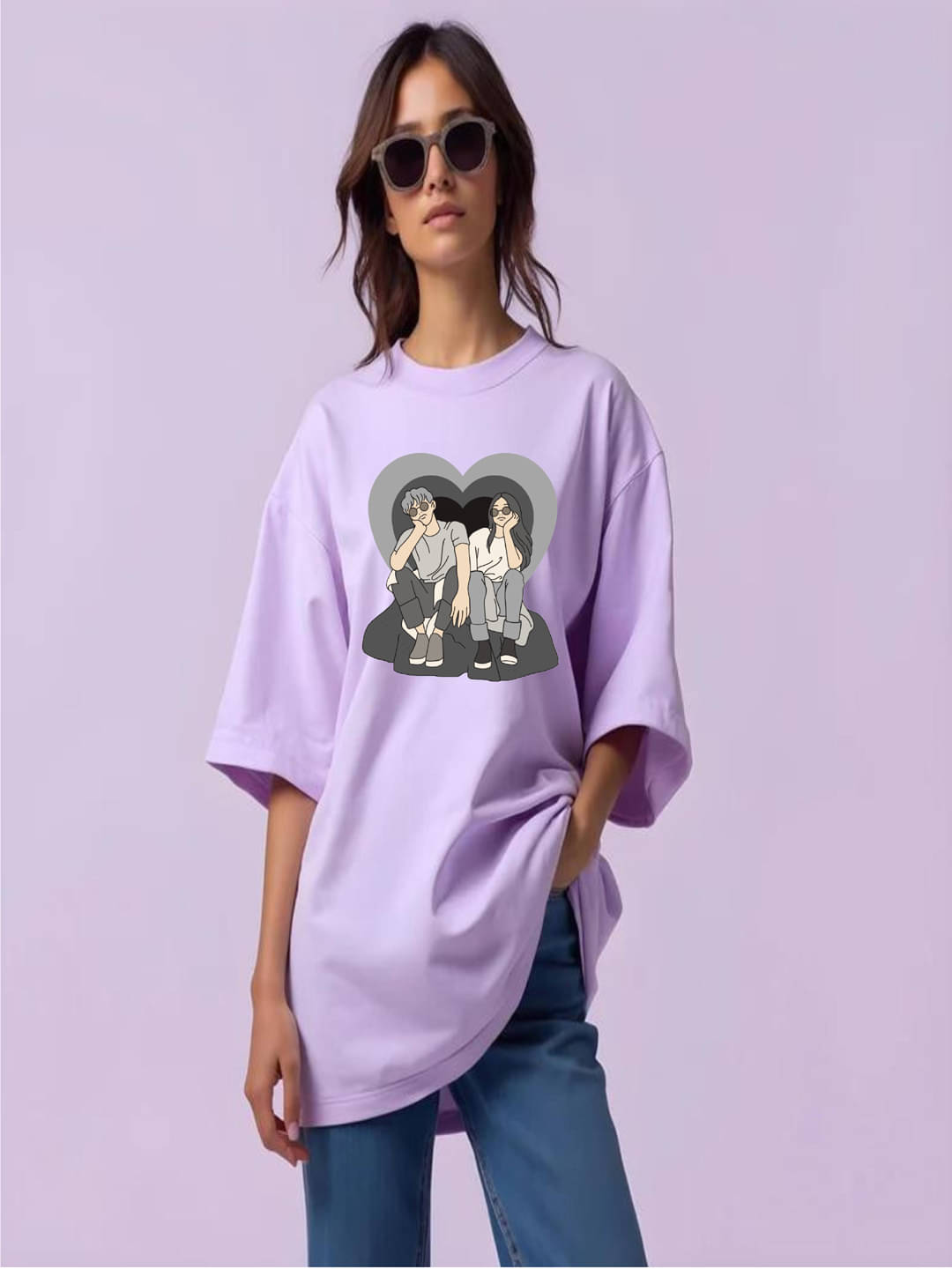 hesha Women Cotton Printed Oversized Fit Round Neck T-Shirt ( Lavender )     			hesha Women Cotton Printed Oversized Fit Round Neck T-Shirt ( Lavender )