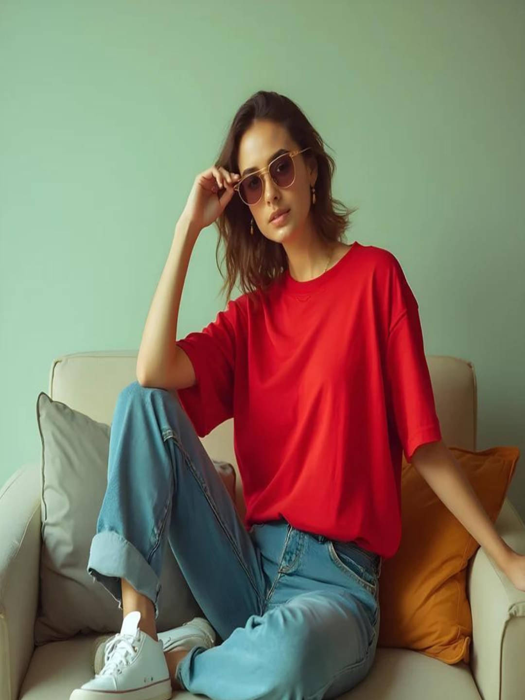     			hesha Women Cotton Solid Oversized Fit Round Neck T-Shirt ( Red )