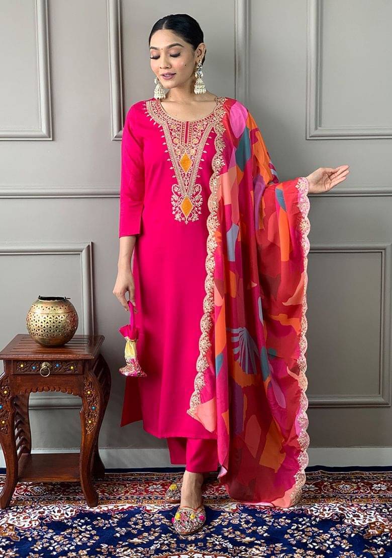 kedar fab Women Cotton Blend Embroidered Straight Kurti With Pants ( Pink ) kedar fab Women Cotton Blend Embroidered Straight Kurti With Pants ( Pink )