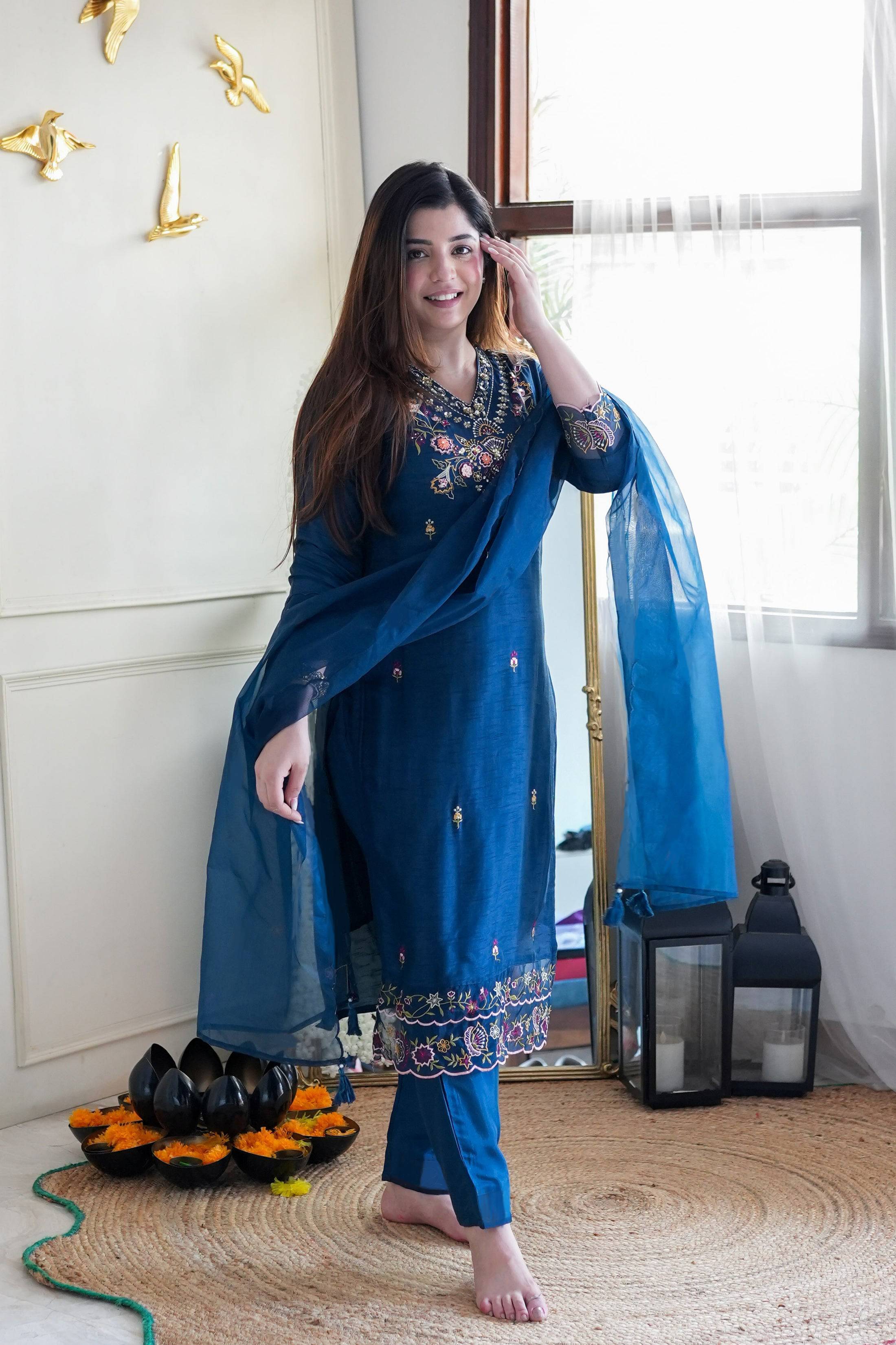 kedar fab Women Cotton Blend Embroidered Straight Kurti With Pants ( Navy Blue ) kedar fab Women Cotton Blend Embroidered Straight Kurti With Pants ( Navy Blue )